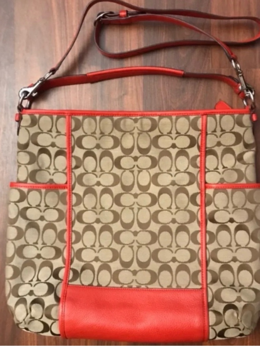 Coach Rare Hobo Signature Canvas Bag in Khaki with Vermillion Trim